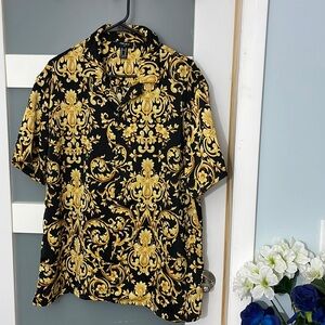Forever 21 Mens L Black & Gold Short Sleeve Shirt Baroque Chain Paisley Floral